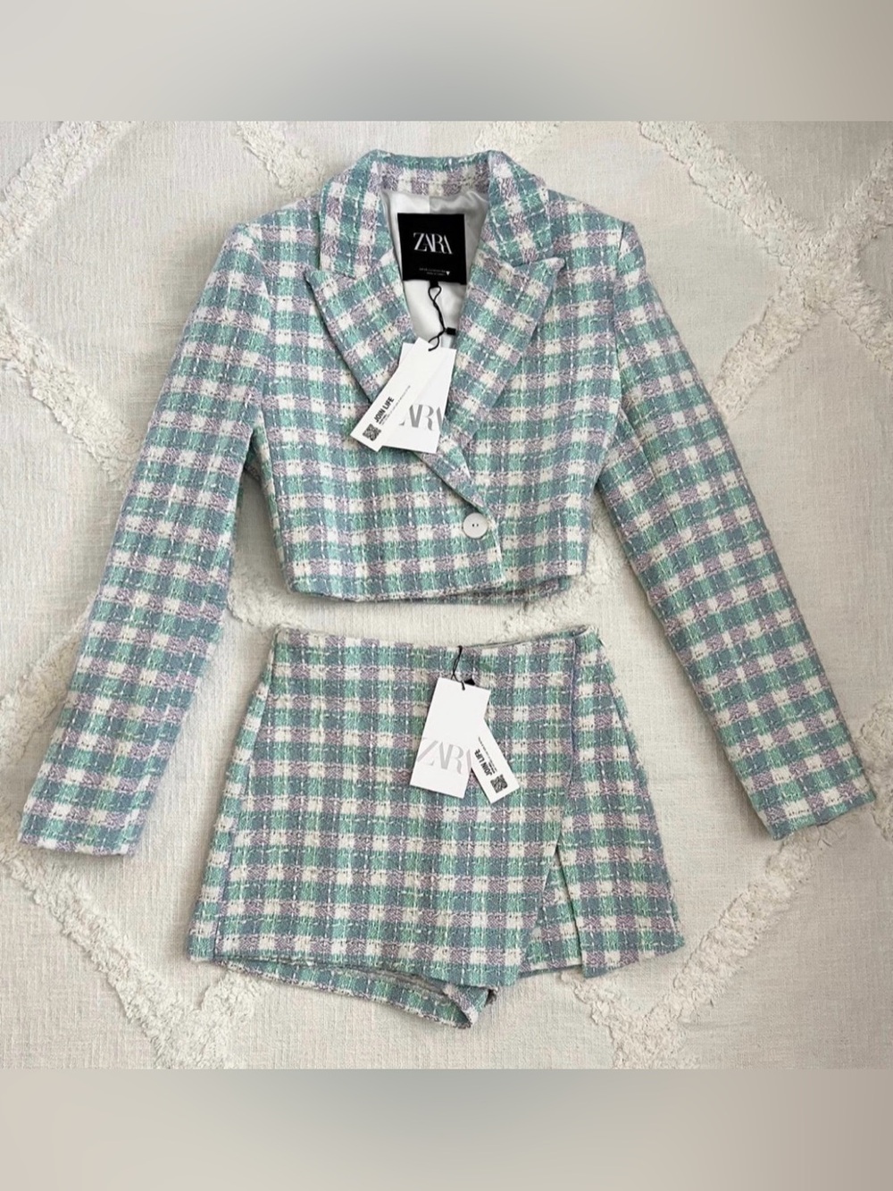 ZARA Cropped Tweed Blazer & Skort Set — Mint Green & Lavender